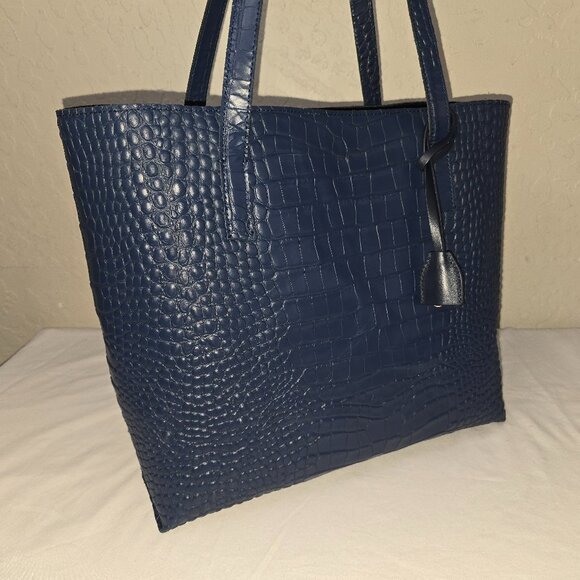 Mark and Graham Everyday Blue Italian Croc Embossed Leather Shoulder Tote Bag - Picture 8 of 13